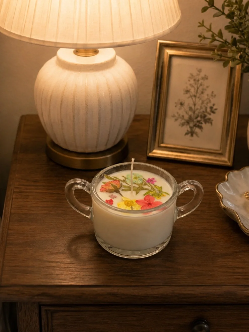 Handmade White Floral Soy Candle in Clear Glass Double-Handled Cup
